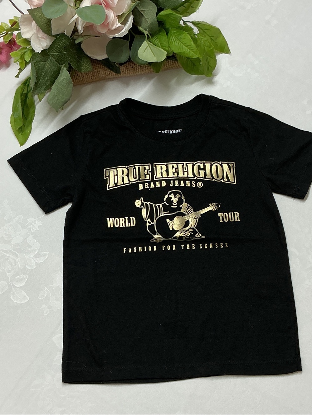 True Religion Black Tee with Gold Graphic Logo